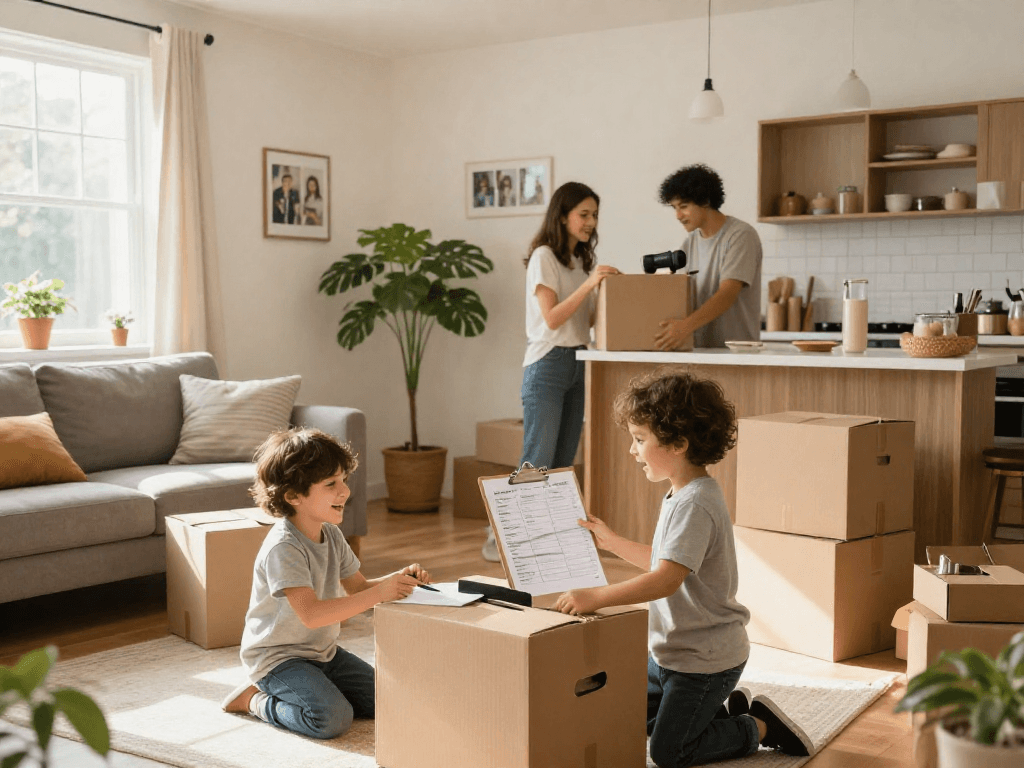 Engaging moving checklist in a family's new home, unpacking boxes and creating memories.