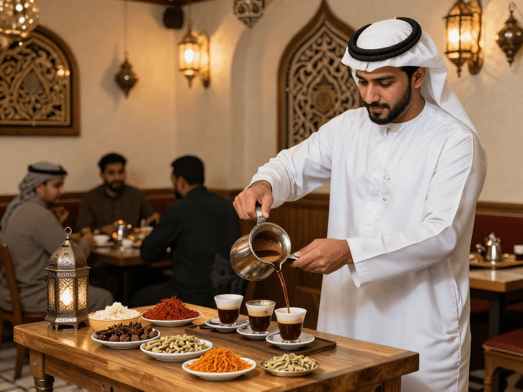 شخص يعد قھوجیین وصبابین في مقهى عربي تقليدي مع زينة وأجواء دافئة