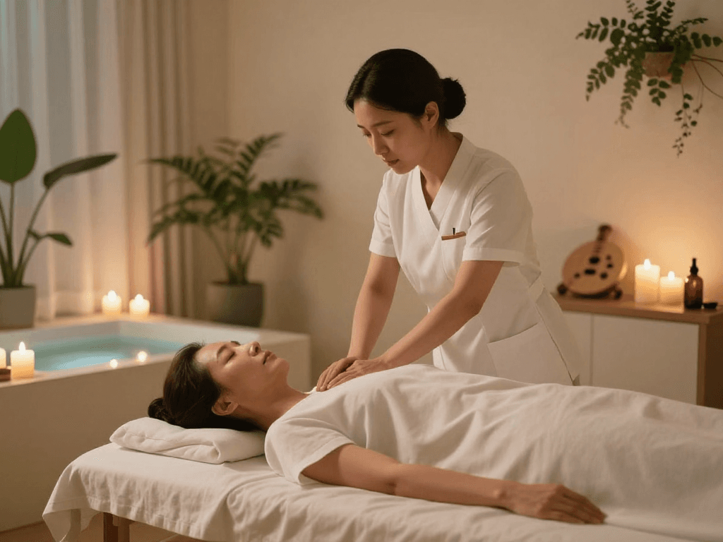 Relaxing 서울출장마사지 session in a tranquil spa environment with soft lighting and focused massage therapy.