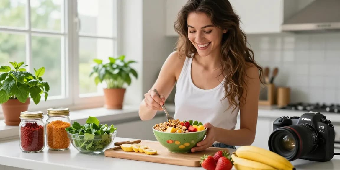 Vegan astaxanthin smoothie preparation with vibrant fruits and greens in a sunny kitchen.