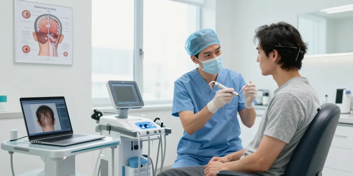 Consultation scene for hair transplant turkey at a modern clinic showing a professional discussing hair restoration techniques with a patient.