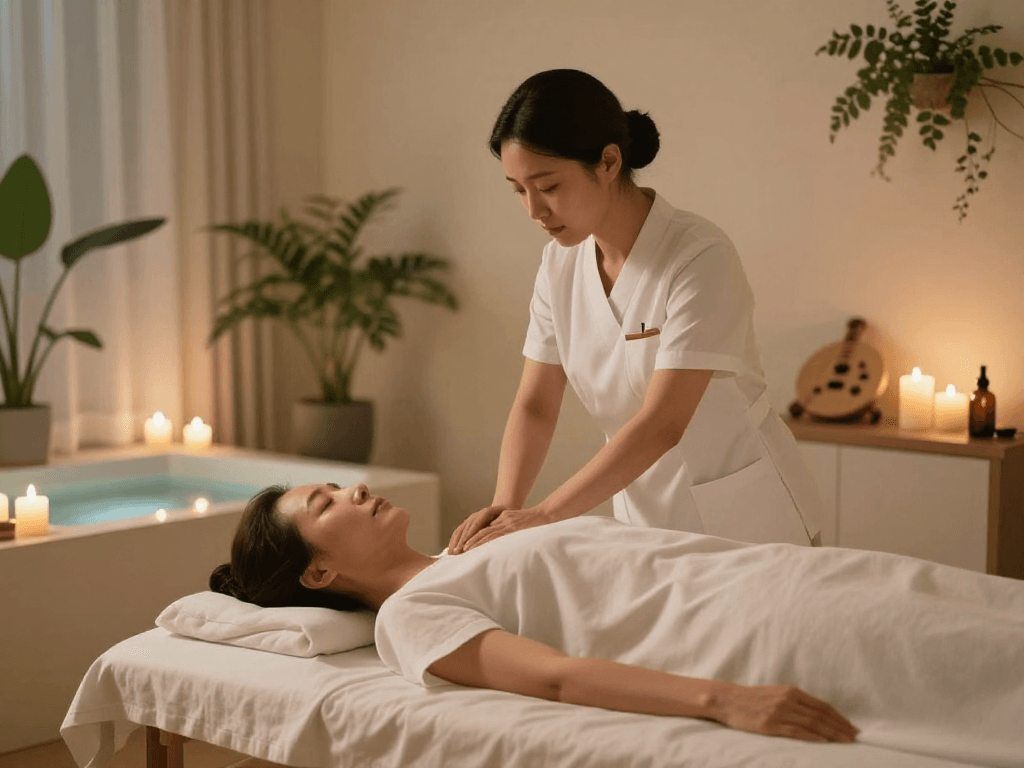 Relaxing 서울출장마사지 session in a tranquil spa environment with soft lighting and focused massage therapy.
