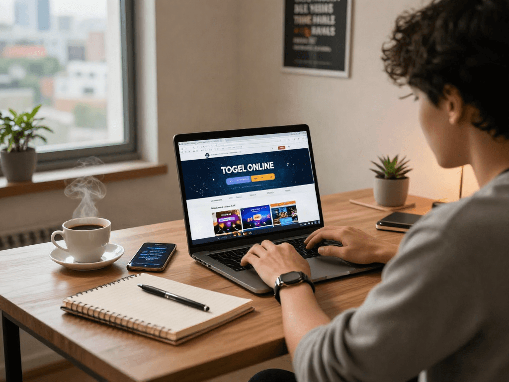 Engaging scene of a bettor strategizing on togel online at a cozy home desk.
