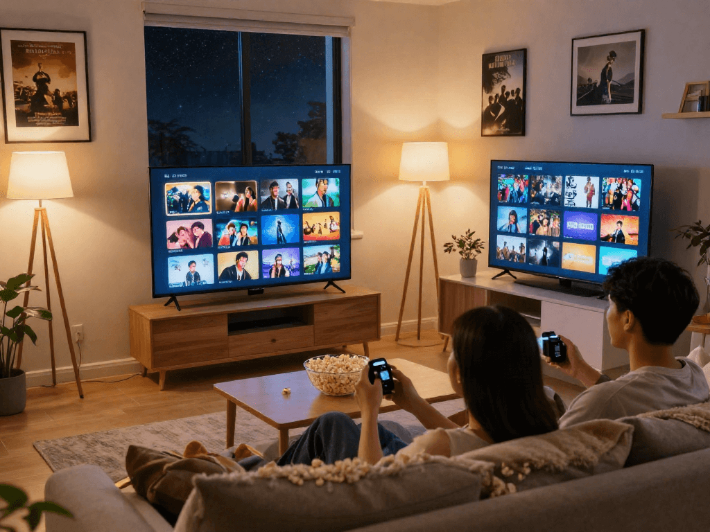 Enjoying cocoflix streaming on cozy sofa with popcorn and warm lighting