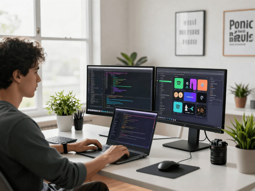 Dynamic workspace showcasing spotify mod on dual monitors and coding environment