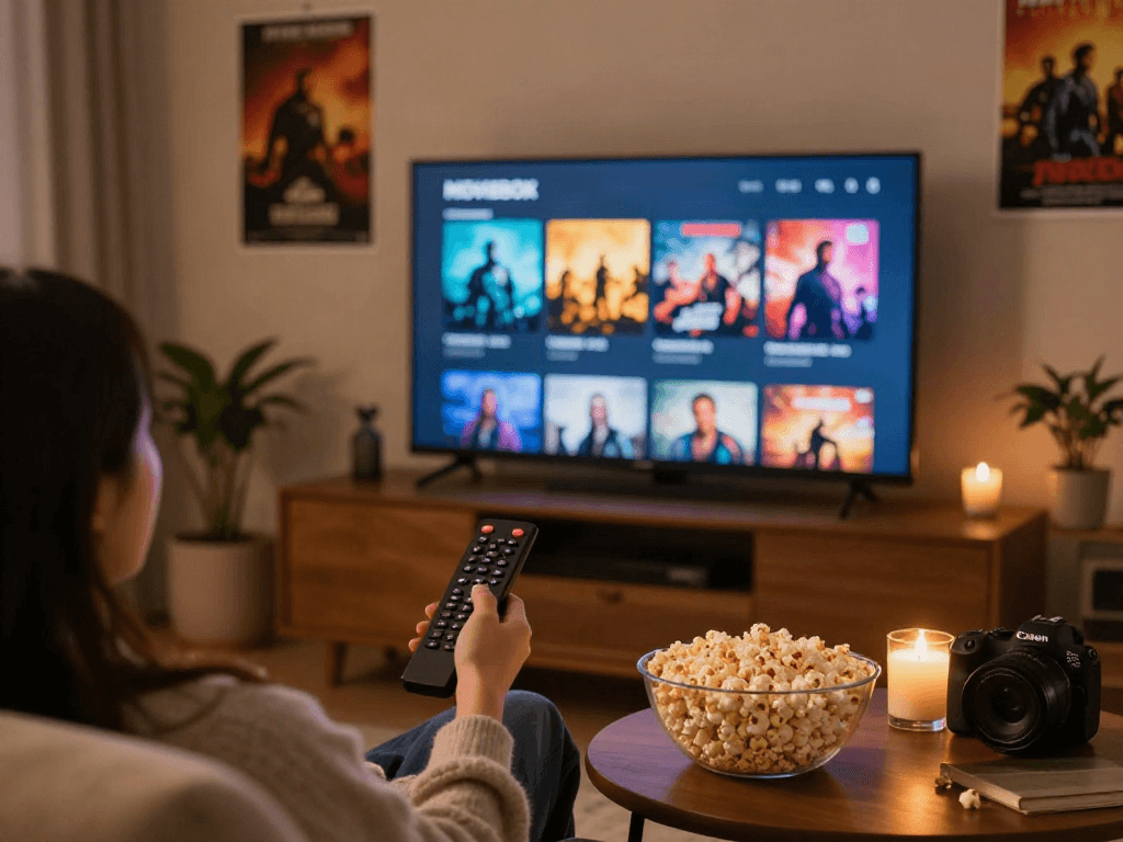 Enjoying a cozy movie night with Moviebox streaming on a large TV in a welcoming living room.