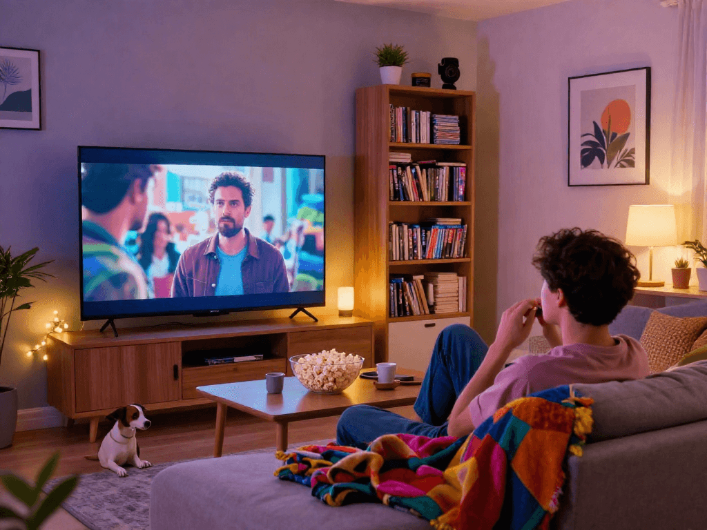 Enjoying filmyzilla content in a cozy living room with popcorn and warm lighting.