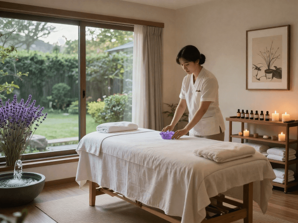 Relaxing 서울출장마사지 environment with soothing candles and essential oils.