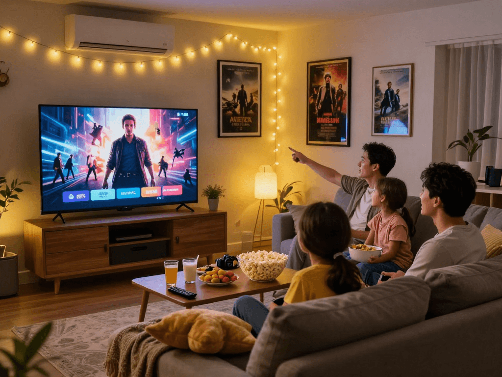 Family enjoying a movie night with Moviebox in cozy living room.