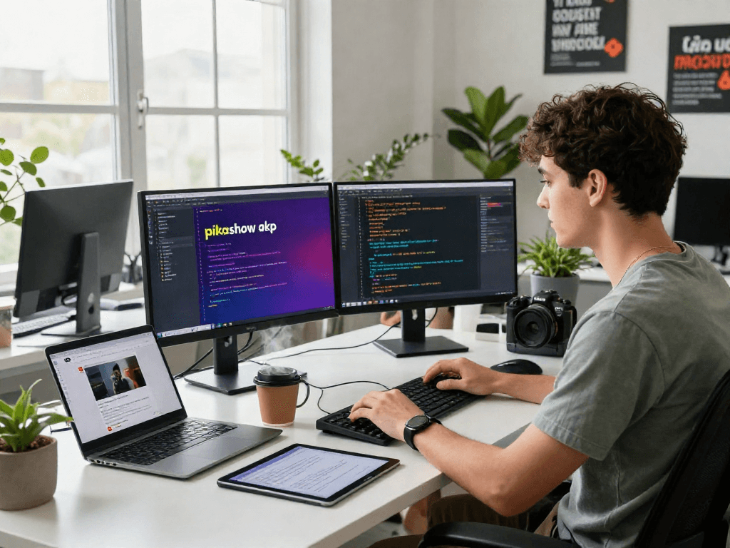 Developer coding the pikashow apk on dual monitors in a modern workspace.