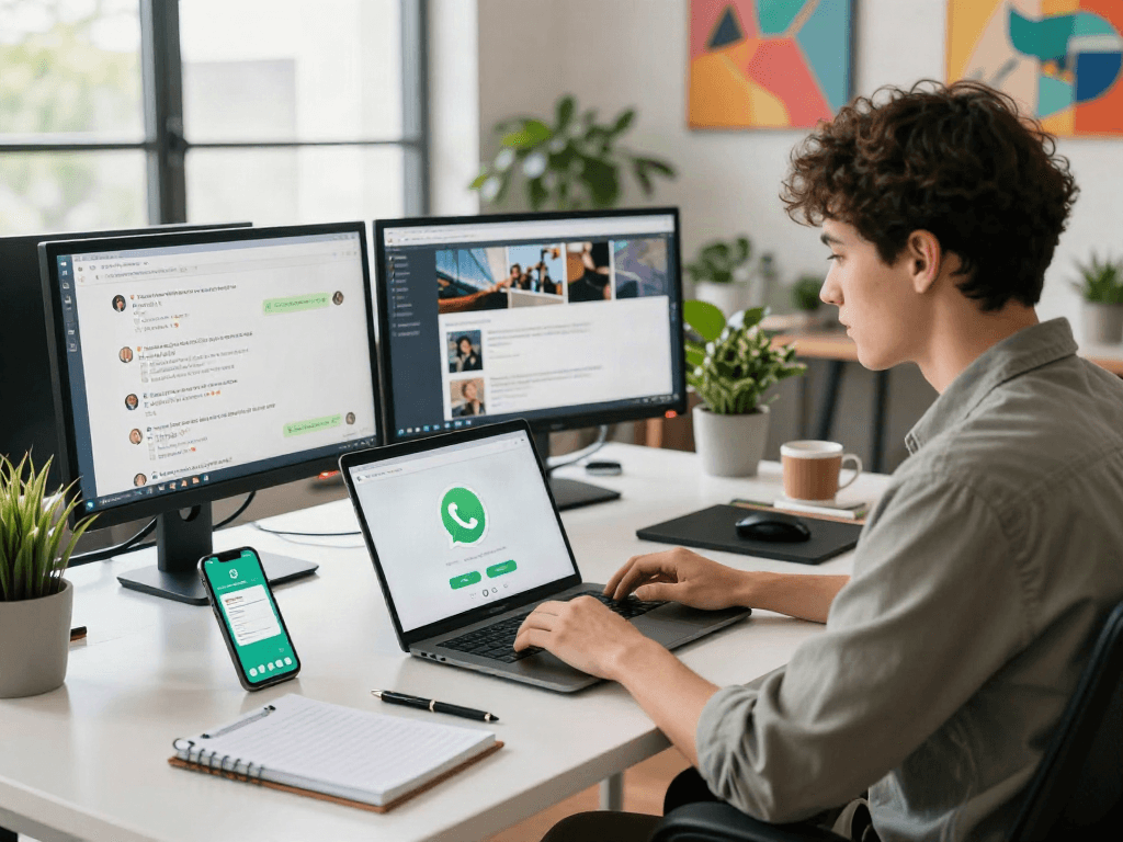 Youthful professional engaging with gb WhatsApp on laptop in a bright, creative workspace.
