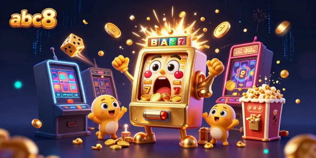 Experience a thrilling abc8 casino scene with vibrant golden slot machines and explosive jackpots.
