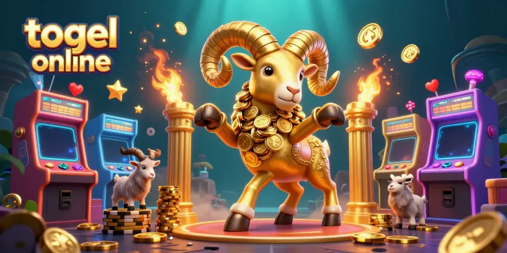 Togel online dan ram emas besar yang terbuat dari koin, menggambarkan suasana permainan dalam ilustrasi 3D yang menarik.