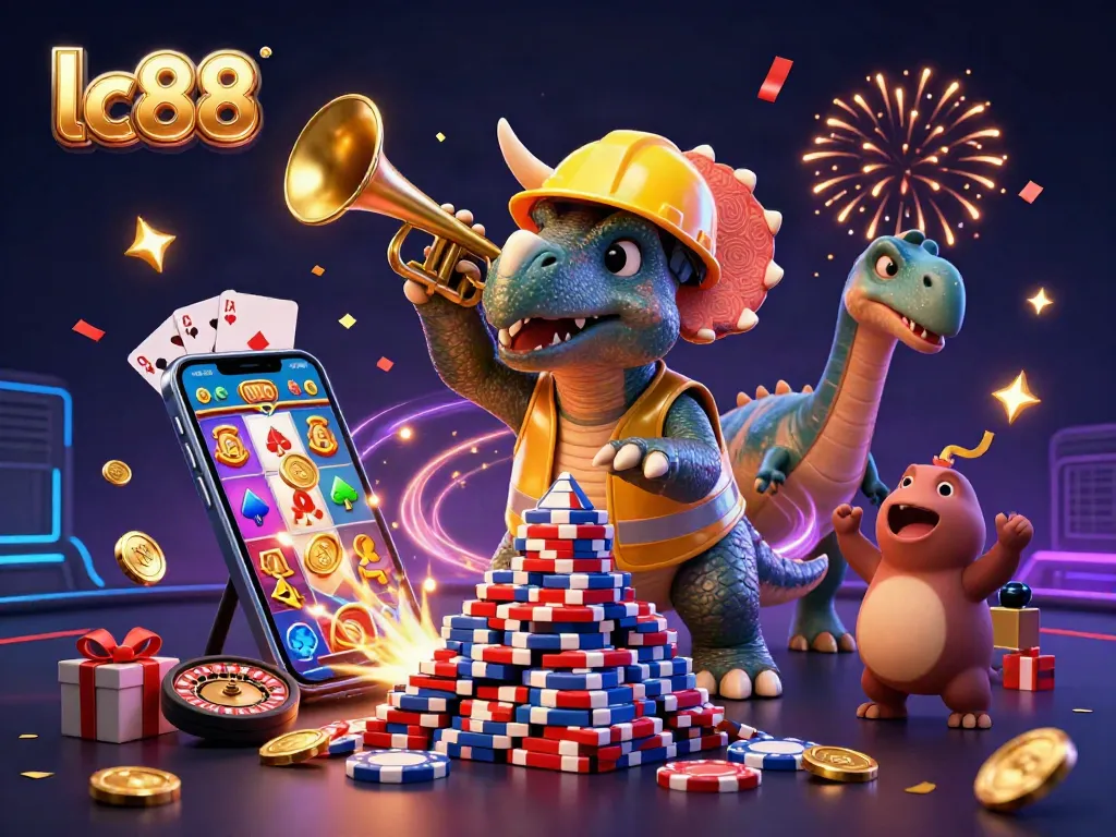 Engage in lc88 casino excitement with a colorful slot game and vibrant 3D characters celebrating victories.