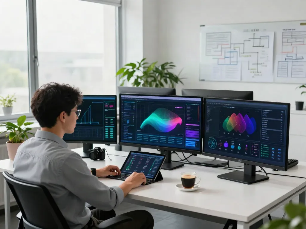 Data analyst reviewing ino Tec gas detection systems in modern office space.