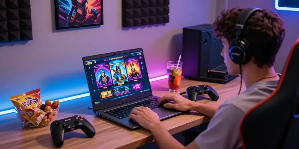 PESGSLOT gaming scene with a user enjoying immersive slot games in a cozy environment.