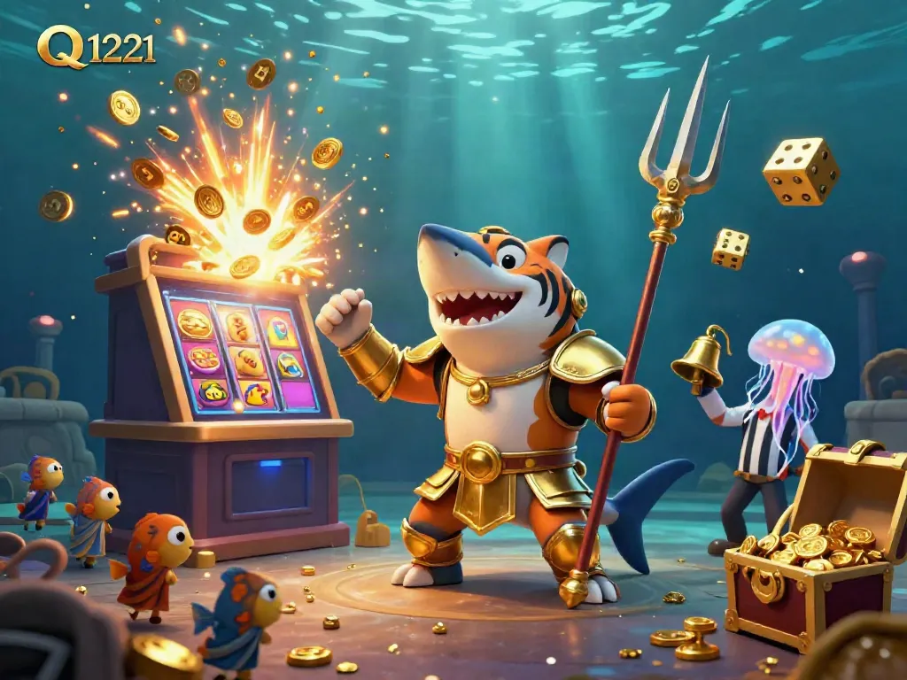 Experience the burst of excitement with QQ1221 as a tiger shark in gladiator armor leads a jackpot explosion of coins and vibrant symbols.