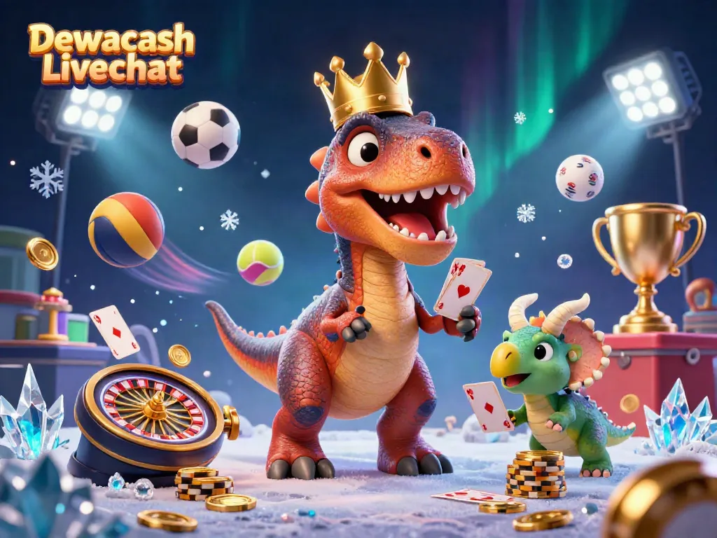 Dewacash Livechat illustrates a cartoon T-Rex dealing cards with a pterodactyl assistant and a triceratops in a lively casino setting.