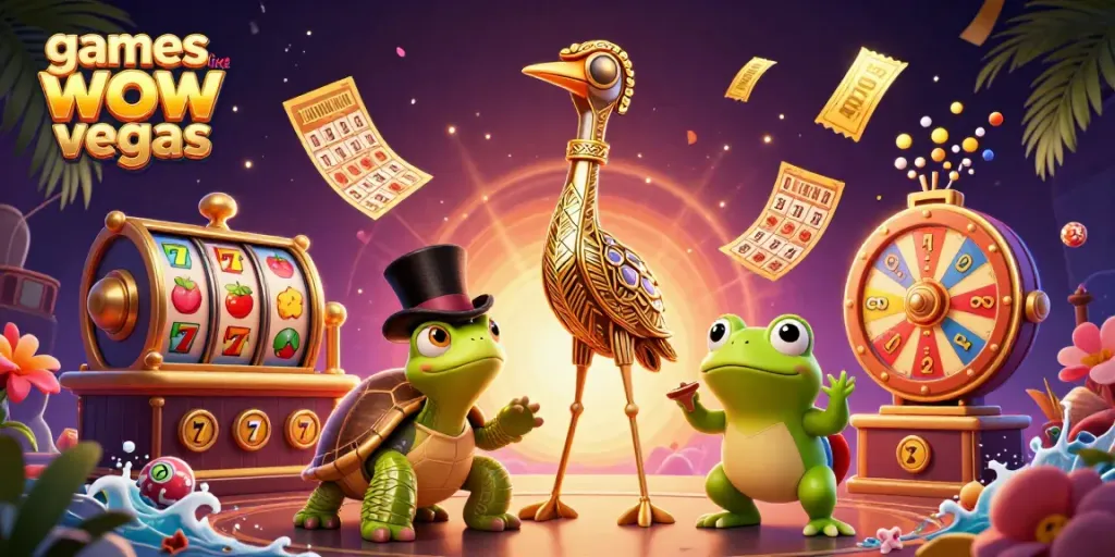 Experience games like wow vegas with vibrant slots and prizes in a colorful 3D casino scene.