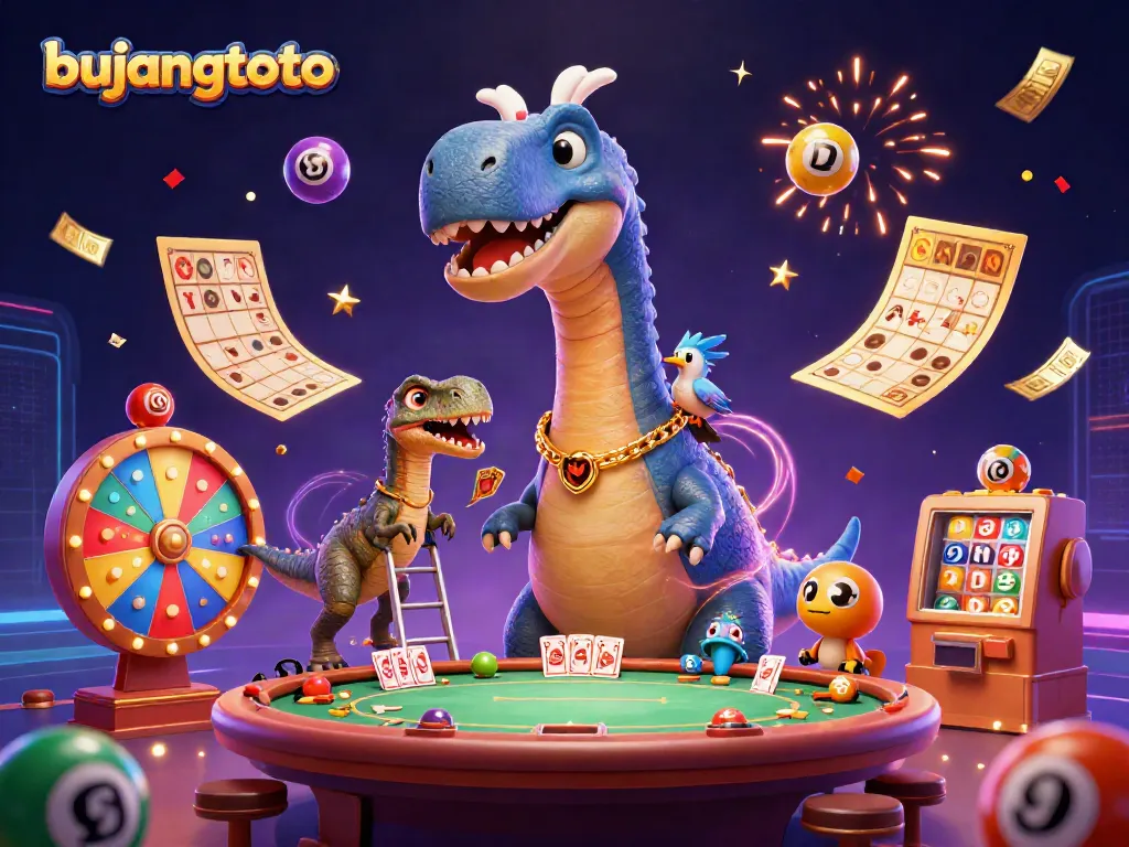 Engage with bujangtoto's vibrant casino scene featuring whimsical dinosaur characters and exciting lottery elements.