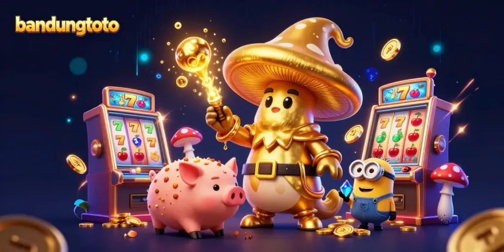 Experience the excitement of bandungtoto with a golden mushroom wizard and vibrant slot machines in a magical casino.