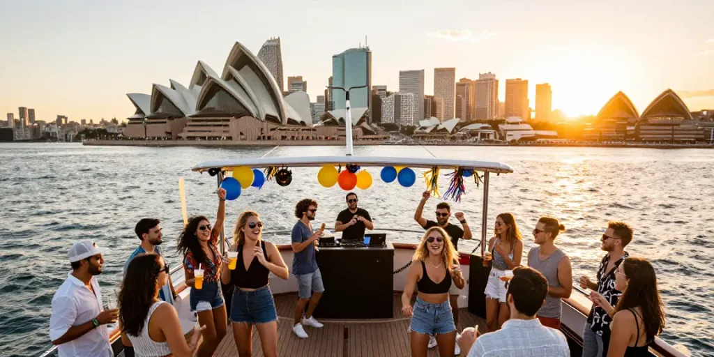 Enjoy a lively boat party in Sydney with friends celebrating on a luxury yacht.