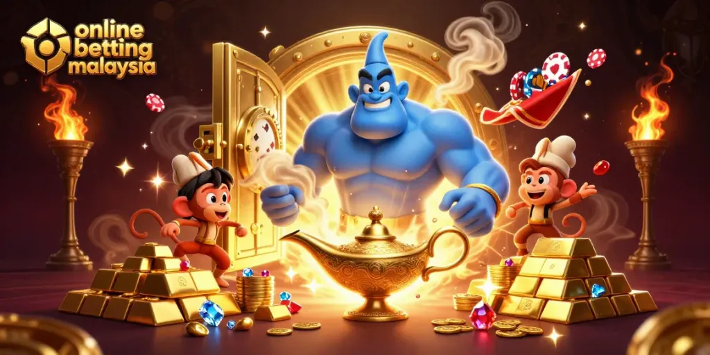 Win big with online betting malaysia in this vibrant 3D scene featuring a genie and treasures.