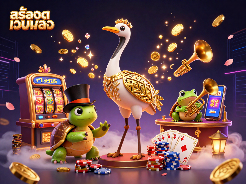 Experience excitement with สล็อตเว็บตรง showcasing vibrant characters, slot machines, and dynamic casino elements.