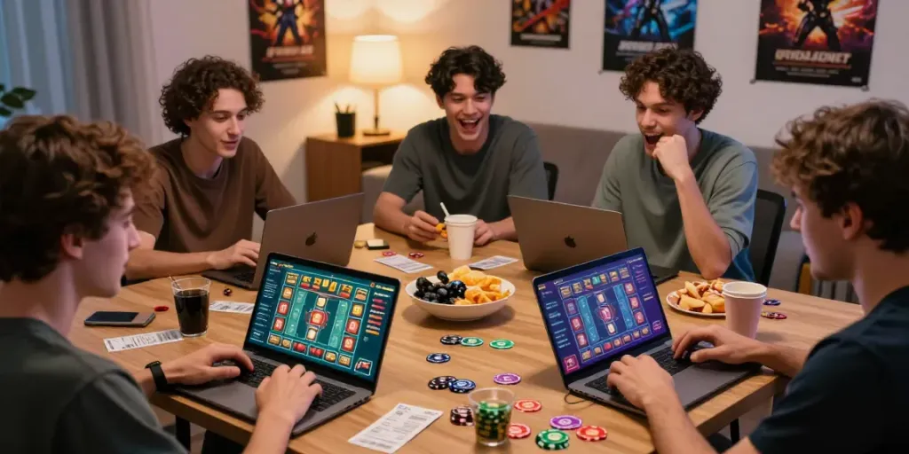 Permainan togel online DEWITOGEL dengan pemain bersemangat di ruang tamu yang nyaman.