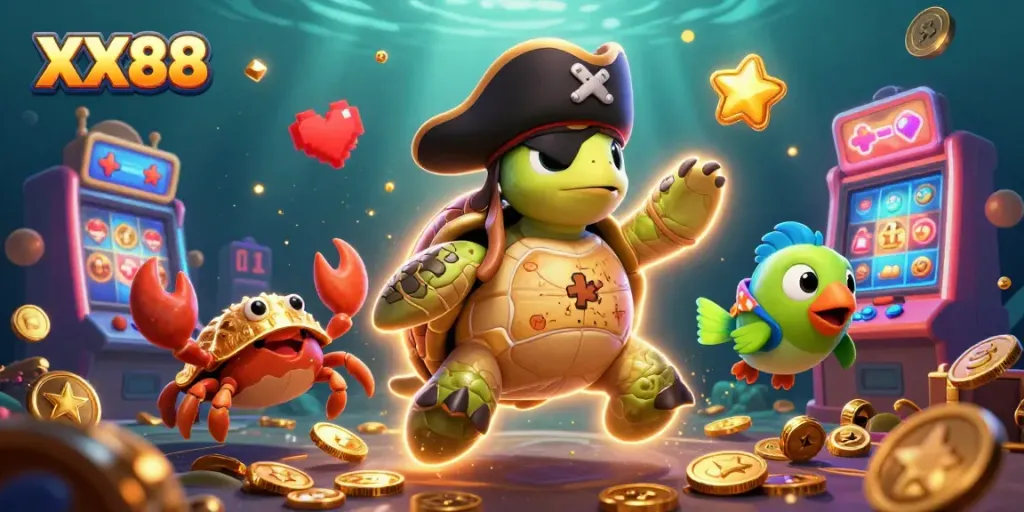 Spin the reels of XX88's jackpot treasures among cartoon sea creatures in a vibrant casino scene.