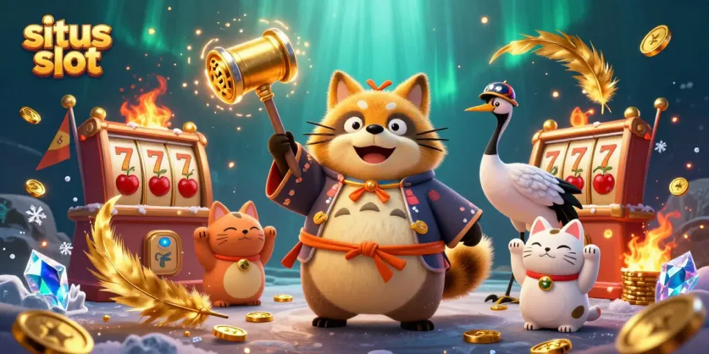 Spin the reels at situs slot featuring joyful characters and vibrant casino elements.