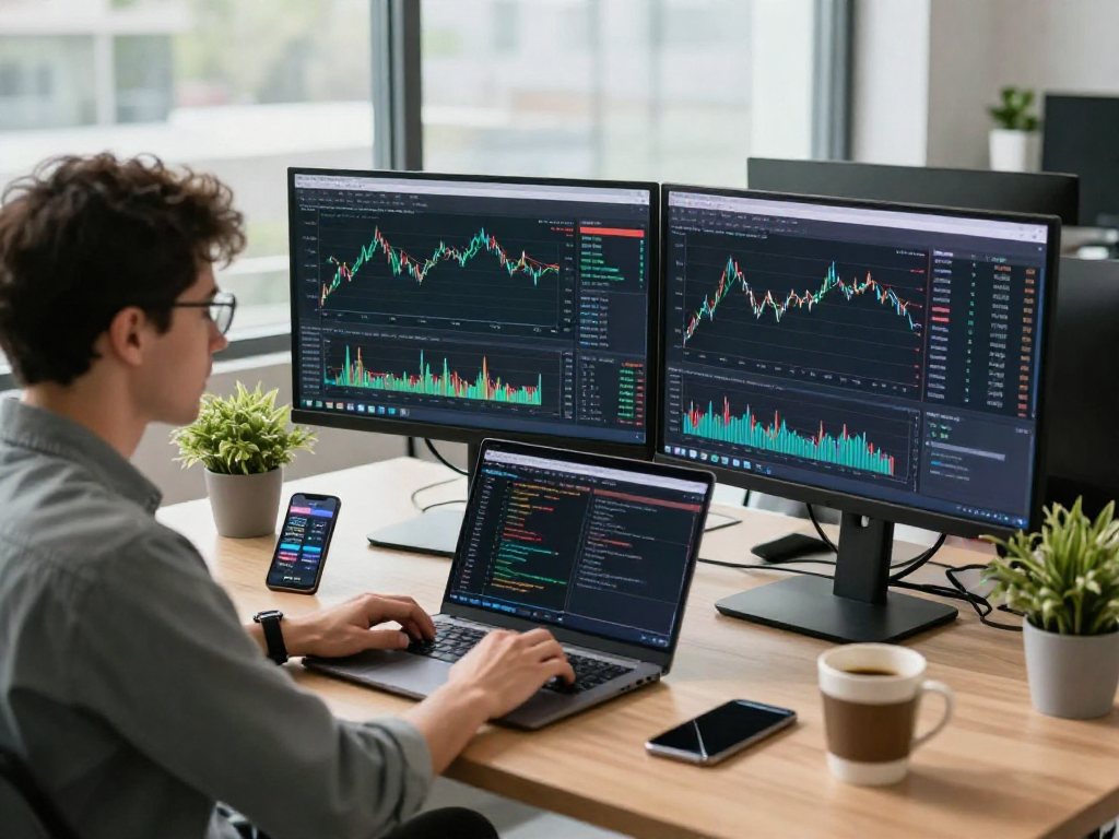 使用TradingView官网分析市场动态的金融分析师,科技感十足的工作环境。