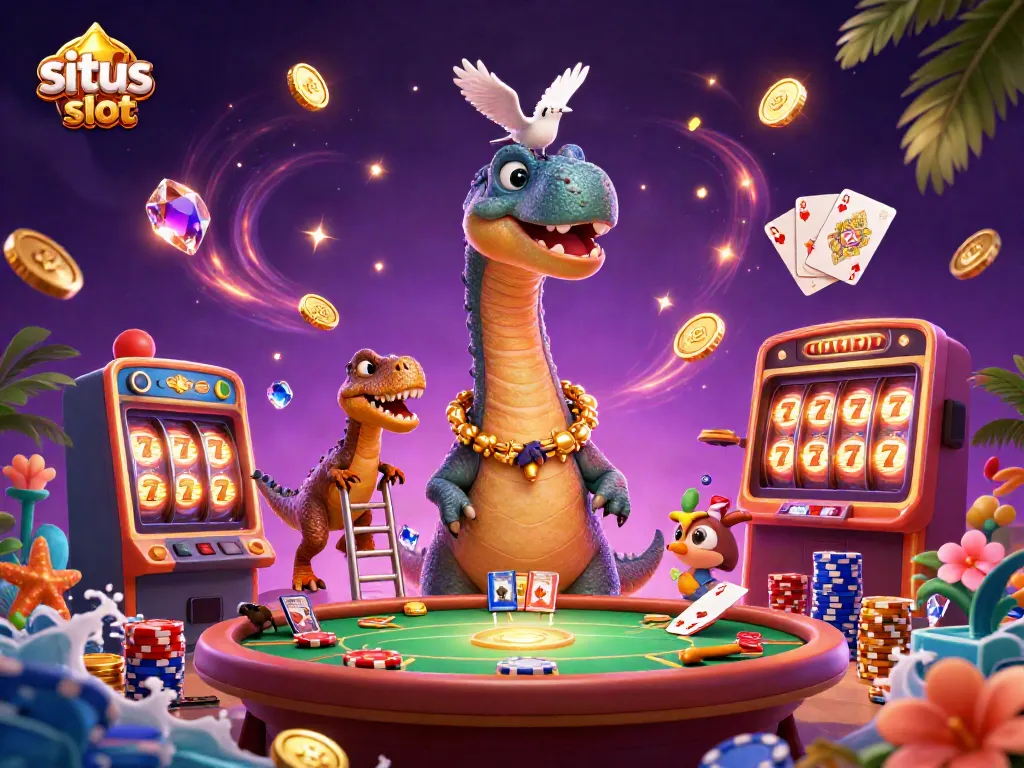 Situs slot with a giant brontosaurus interacting with 3D slot reels and vibrant casino elements.
