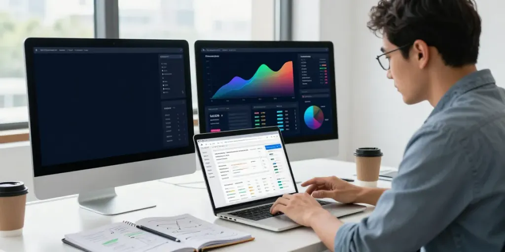 SEO expert analyzing data in a modern office space, showcasing geo generative engine optimization strategies.