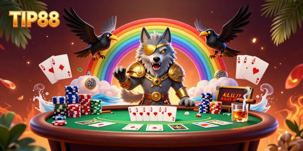 Experience excitement with TIP88, as you strategize at vibrant poker games surrounded by rich casino elements.
