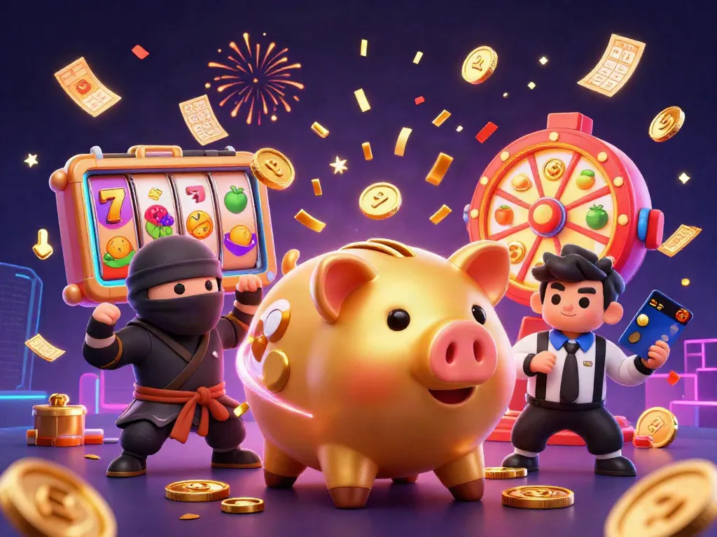 Engage with exciting slot gameplay featuring a giant piggy bank sumo wrestler and vibrant symbols.