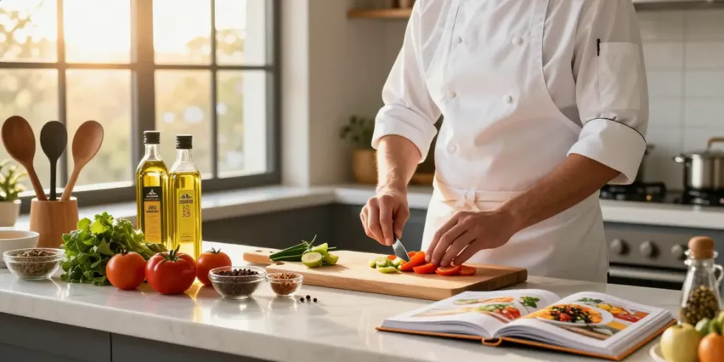Mempersiapkan masakan sehat dengan minyak berkualitas dari https://merdeka123.info/ di dapur yang cerah.