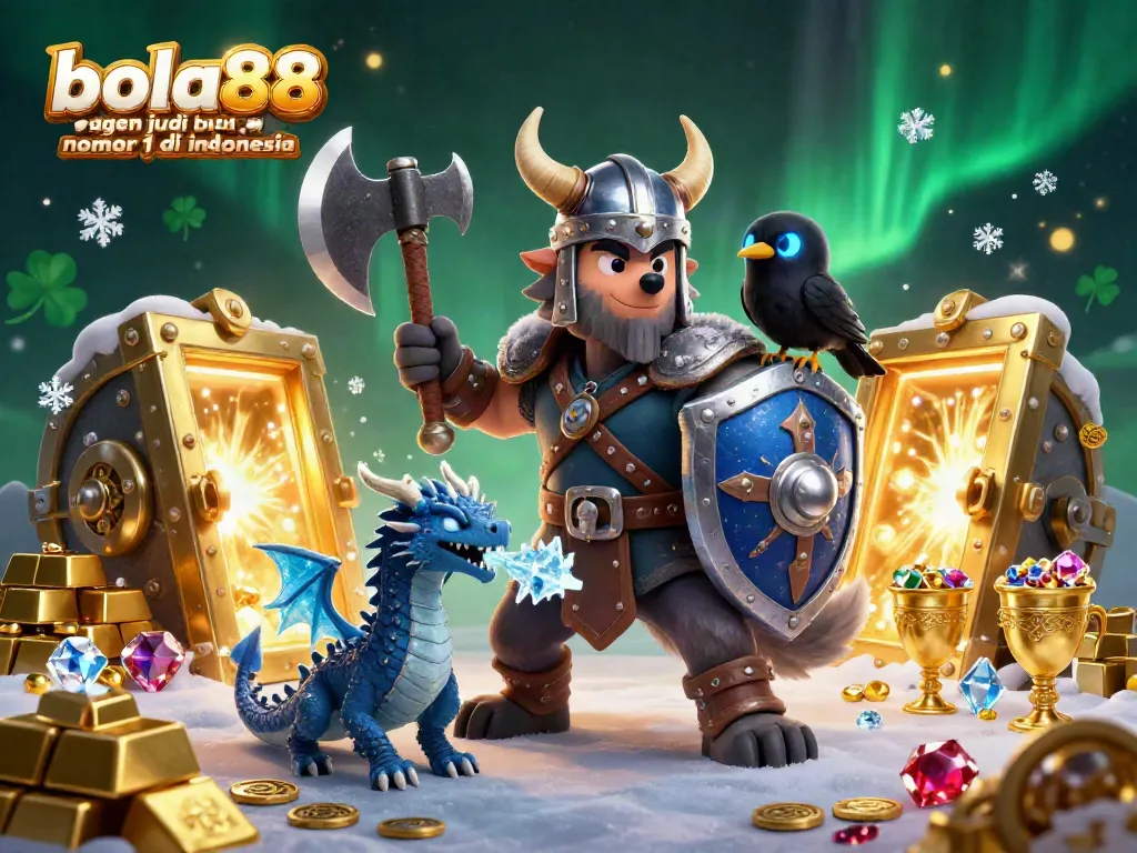 Bola88 agen judi bola nomor 1 di Indonesia presents a Viking wolf warrior, dragon, and raven amid treasure, perfect for sports betting.