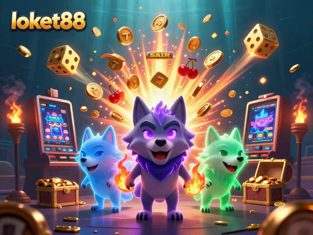 Experience gaming excitement with loket88's thrilling casino scene featuring vibrant slot machines and mystical wolves.