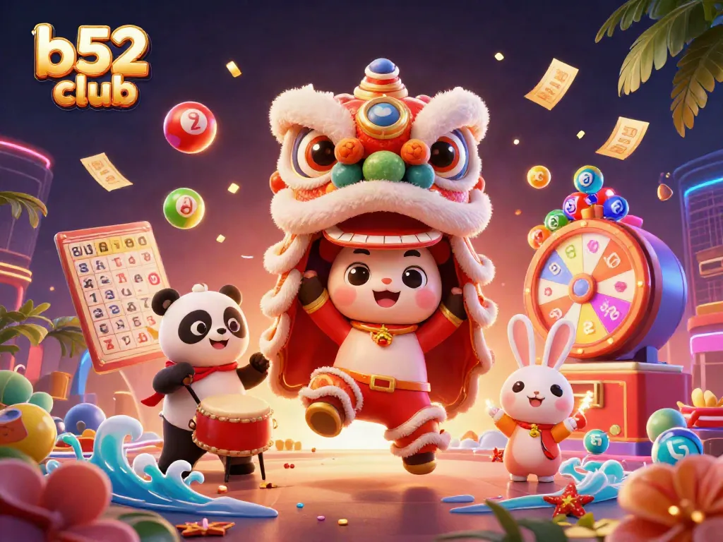 Experience thrilling wins at b52 club with vibrant game elements and festive characters.