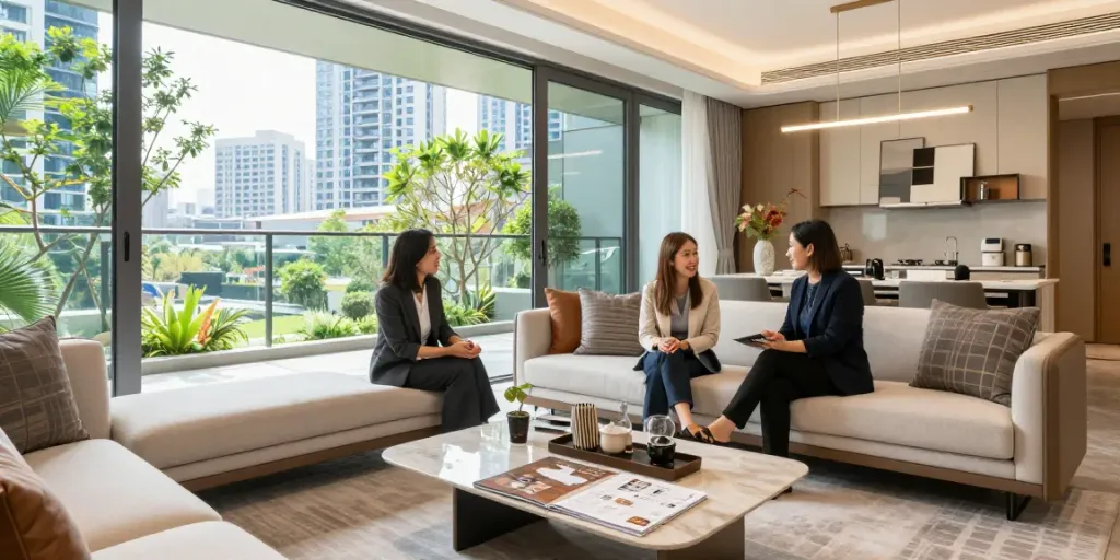 Explore new launch condo showcasing modern design and city skyline views in a vibrant urban setting.