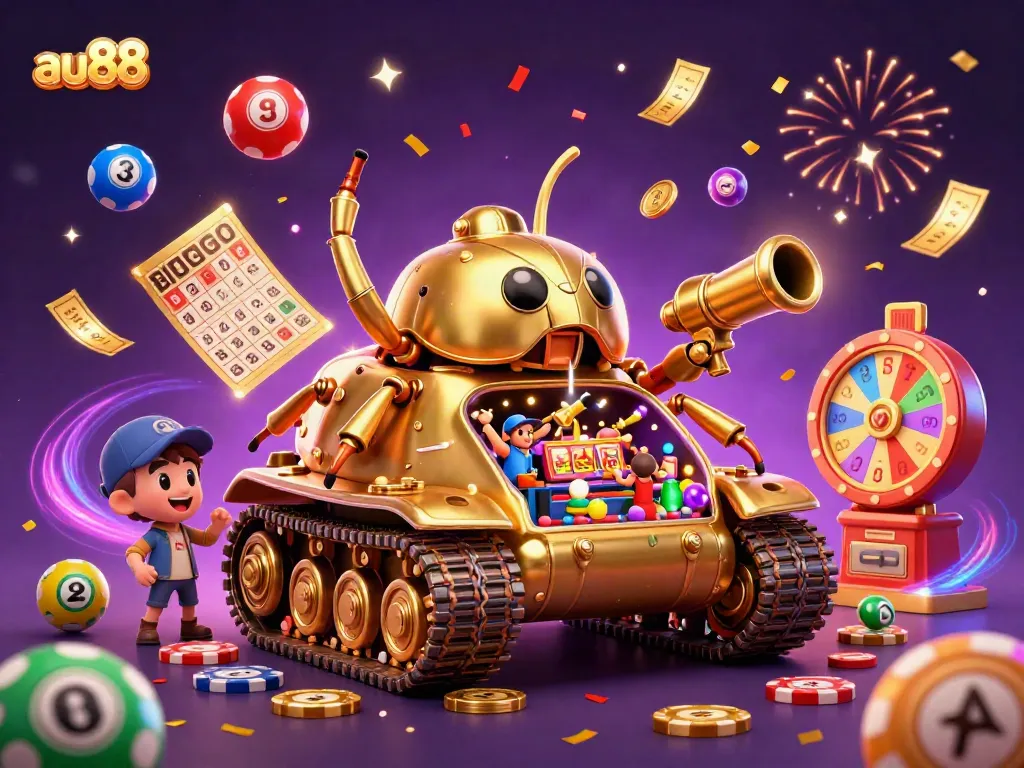 Experience the excitement of au88 with a vibrant 3D casino scene packed with lottery action and festive elements.