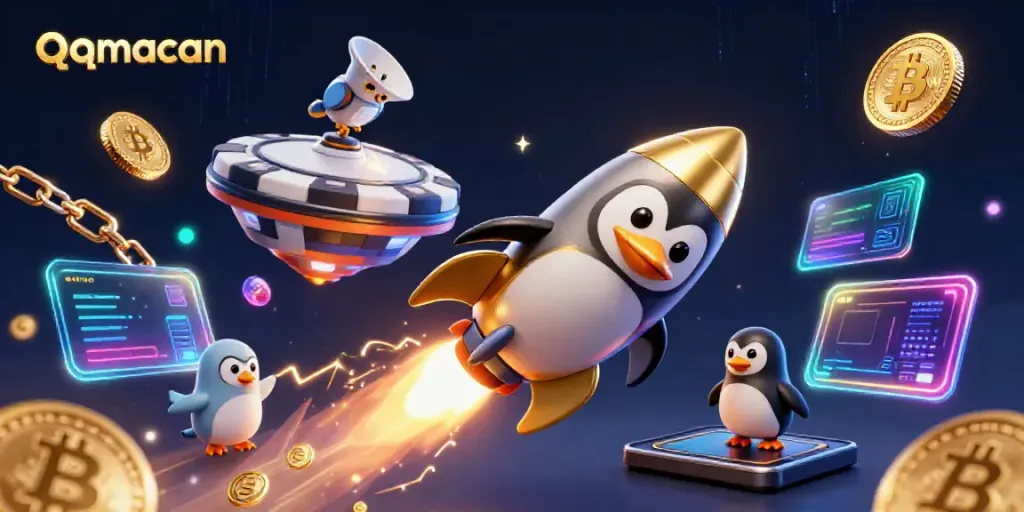 Experience thrilling gaming with qqmacan, featuring a penguin in space with digital casino elements.