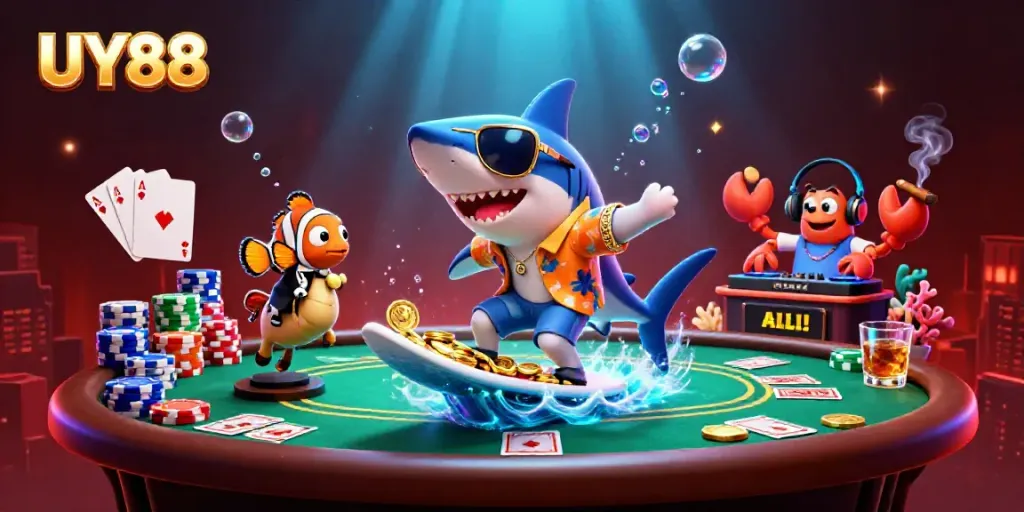 Engage with UY88's vibrant casino experience featuring playful underwater characters on a wave of gold coins.