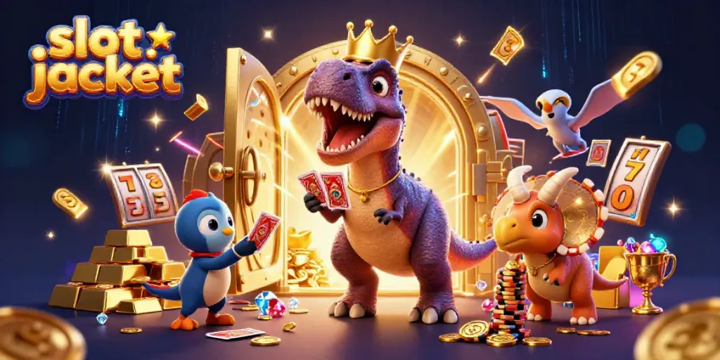 Mengguncang slot jackpot dengan T-Rex ramah dibantu pterosaurus, mengelilingi tumpukan emas yang berkilauan.