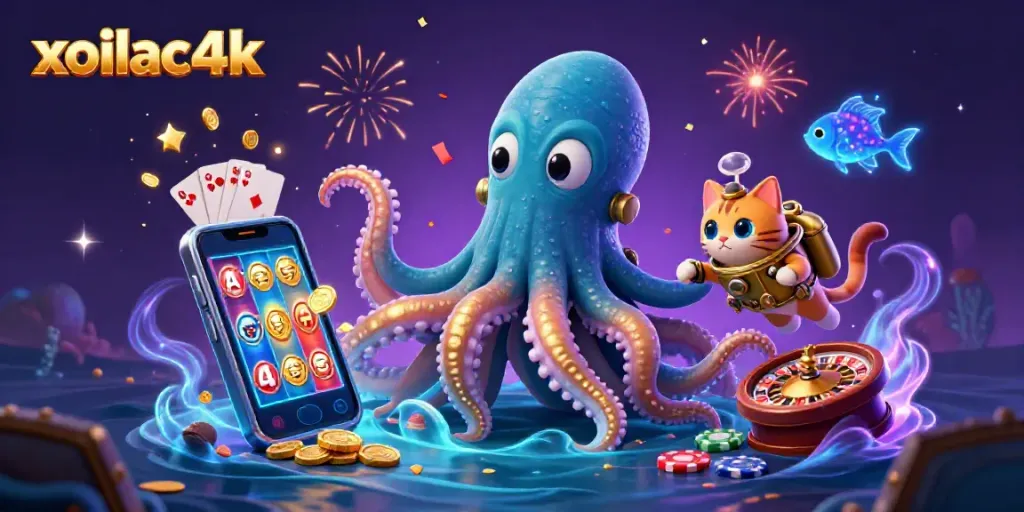 Xoilac4k showcases a vibrant kraken, diving cat, and glowing fish in a dynamic gambling scene.