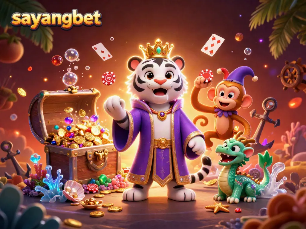 Join the excitement at sayangbet with a vibrant scene of a 3D tiger, monkey, and jade dragon in a casino adventure.