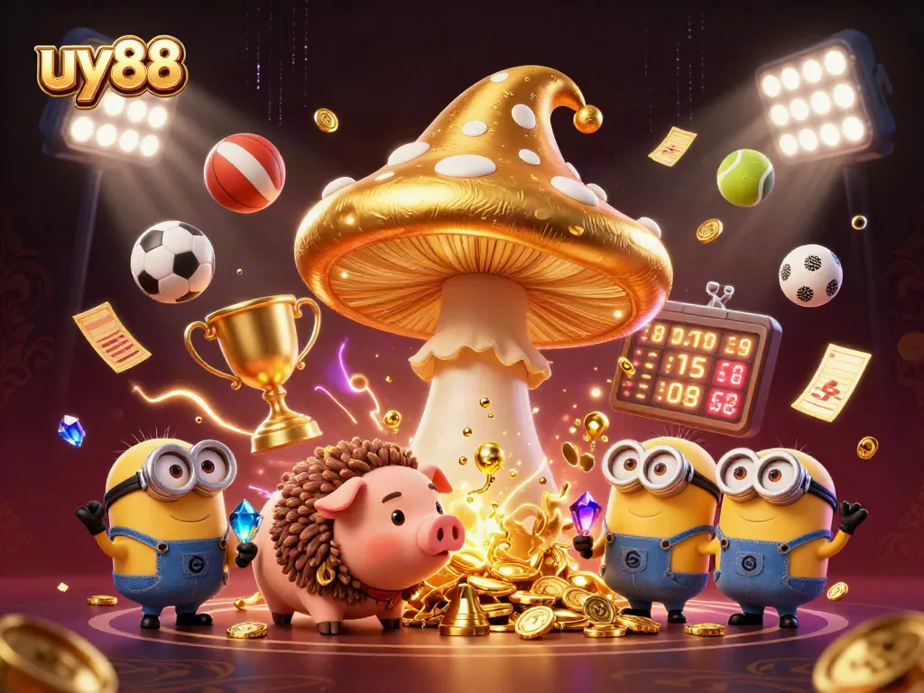 Join the excitement at uy88 with a magical wizard and thrilling sports action in a vibrant casino scene.