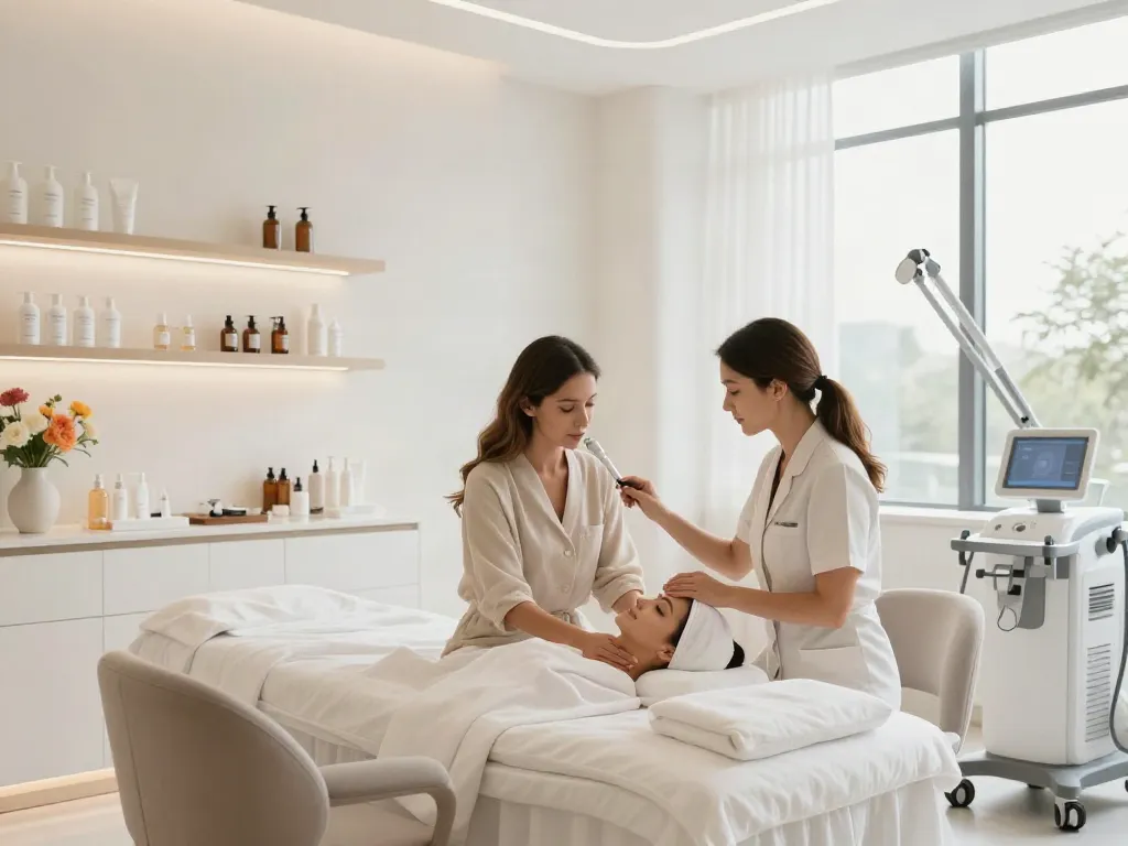 Augenringe entfernen Behandlung in moderner Klinik mit Fachkraft und Patientin.