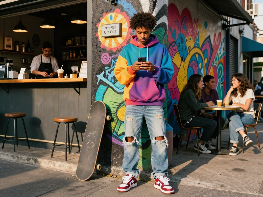 Find your celebrity i look like with a stylish urban backdrop and engaging lifestyle elements.